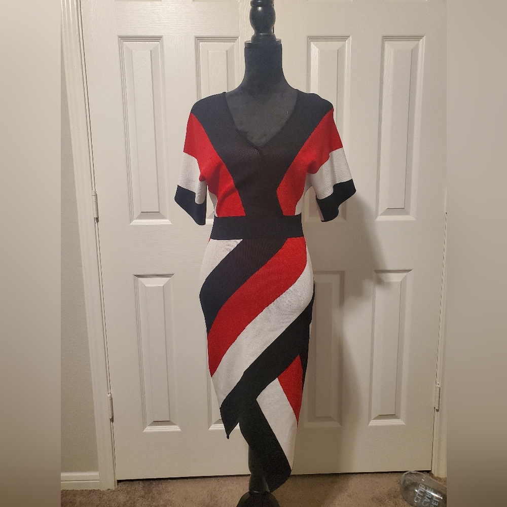 Crimson Nights: Red, Black, and White V-Neck Batwing Dress